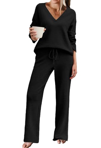 Ekouaer Pajama Set for Women 2 Piece Lounge Sets Long Sleeve Tops Elastic Waist Pants Pjs Comfy Sweater Set Black,Small