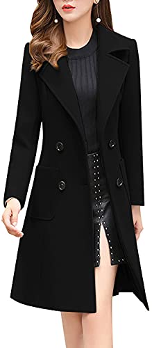 chouyatou Women Elegant Notched Collar Double Breasted Wool Blend Over Coat (Medium, Black)