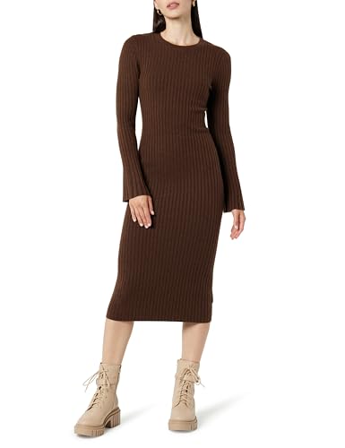 The Drop Women's Fernanda Bell Sleeve Ribbed Sweater Dress Coffee Bean, XXS