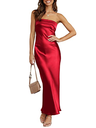 ANRABESS Women's Summer 2023 Satin Cocktail Party Maxi Dress Sexy Strapless Bodycon Corset Elegant Evening Gown Wedding Guest Fall Trending Club Maxi Dresses 941dahong-L Red