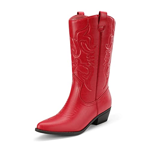 DREAM PAIRS Women's SDMB2218W Cowboy Boots,RED,Size 6.5