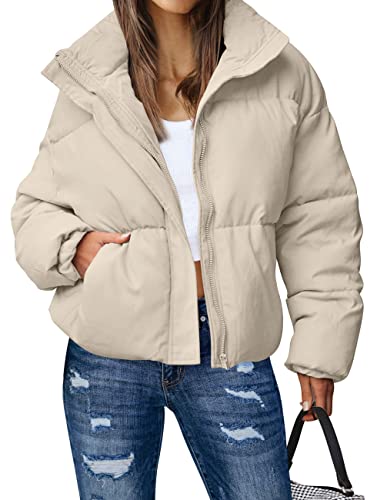 MEROKEETY Women's Long Sleeve Full Zip Puffer Coats Stand Collar Pockets Warm Padded Down Jackets, LightKhaki, S