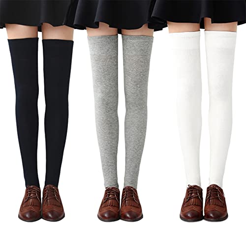 Chalier 3 Pack Womens Long Socks Over Knee Stockings, White,Gray,Black,OS