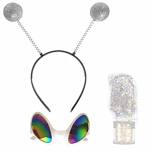 Alien Costume Accessories Antenna Headband Rainbow Lens Sunglasses Silver Holographic Glitter Halloween Cosplay Party Supply