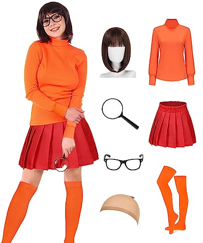 Women Velma Costume Adult Halloween Costume Cosplay Outfit with Bob Wig, Red Skirt, Shirt, Glasses, Magnifier, Socks OU060XXL