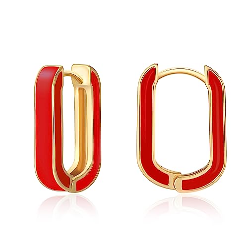 Huggie Hoop Earrings for Women, 18K Gold Plated Colorful Enamel Huggie Earrings Small Hypoallergenic Cute Jewelry Gifts (Red)