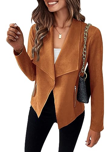PRETTYGARDEN Women's Faux Suede Jackets 2023 Fall Clothes Long Sleeve Open Front Cropped Coat Outwear (Brown,Medium)