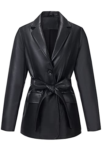 RISISSIDA Women Faux Leather Blazer Jacket,Vegan Pleather Coat with Belt Black 2226 S