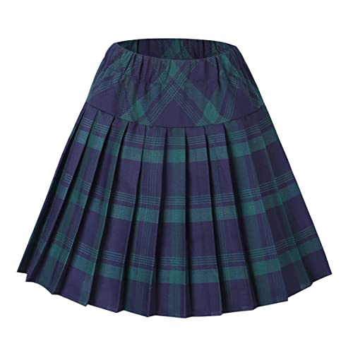 Women's Elastic Waist Plaid Pleated Skirt Tartan Skater School Uniform Mini Skirts (Medium, Series 1 Green)