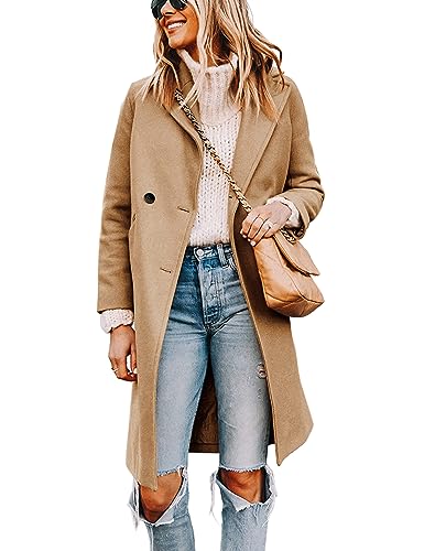 Tanming Women's Notch Lapel Double Breasted Wool Blend Mid Long Pea Trench Coat (Khaki-L)