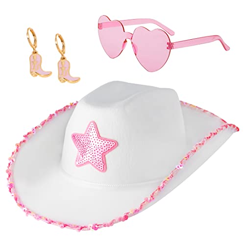 D-Fokes White Cowgirl Hat with Pink Heart Glasses and Earrings - Cowboy Hat with Sequin Stars, Princess Hat Halloween Cosplay Props, Vintage Cowgirl Costume Accessory Party Hat, Fits Most Girls Women