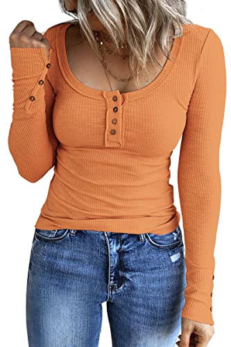 Kissfix Women's Halloween Clothes Long Sleeve Shirts Casual 2023 Henley Top Button Down Blouses Basic Ribbed Knit T Shirts Orange