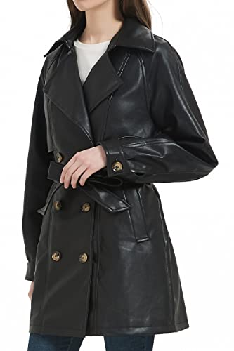 RISISSIDA Womens Faux Leather Trench Coats Mid Length, Vegan Pleather Long Jacket Double Breasted with Belt Black 22072 X-L