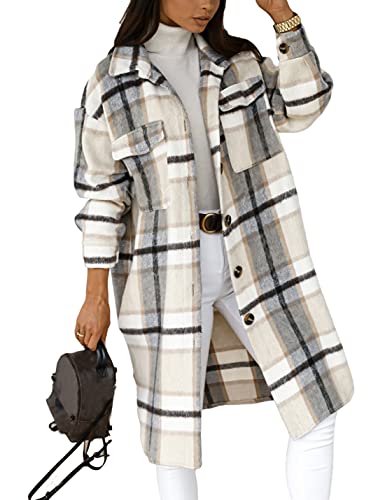 PUWEI Women's Long Flannel Plaid Jacket Shacket Cozy Lapel Button Down Shirt Jacket Fuzzy Trench Coat(1448-LightGrey-M)