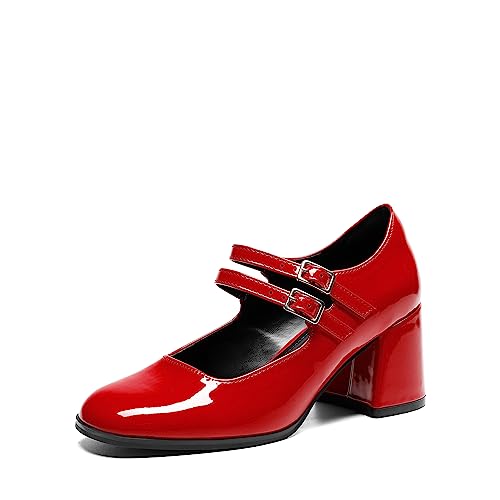 DREAM PAIRS Women's Closed Square Toe Low Chunky Heels Pumps Mary Jane Dressy Shoes for Girls, SDPU2369W, Size 6.5 RED-PAT