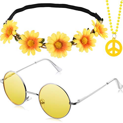 Tatuo 3 Pieces Hippie Costume Party Accessories Set includes Peace Sign Bead Necklace, Flower Crown Headband, Hippie Sunglasses for Adults Kids