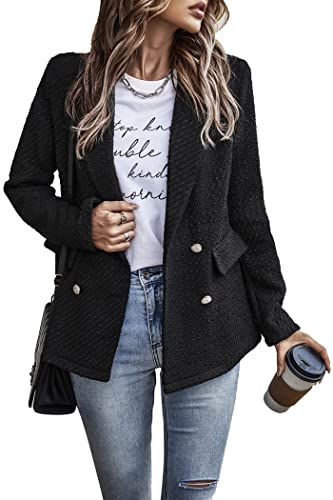 PRETTYGARDEN Women's Casual Blazers Long Sleeve Open Front Button Work Office Blazer Jackets with Pockets (Tweed Black,Medium)