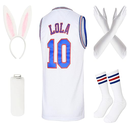 Halloween Basketball Jersey 10# Lola Jersey Cosplay Movie Jerseys for 90s Hip Hop Party Costume with Rabbit Party Accessories White M