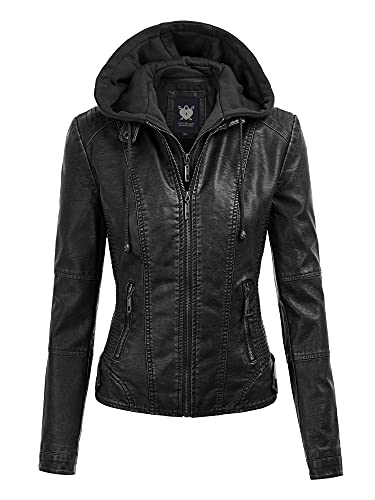 Lock and Love LL WJC1044 Womens Faux Leather Quilted Motorcycle Jacket with Hoodie S BLACK