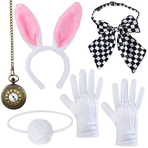Yewong Easter White Rabbit Costume -Bunny Rabbit Dress Up Accessory Kit Include Plush Bunny Ears Headband Pocket Watch Tail Bowtie Gloves for Halloween Easter Party Costume