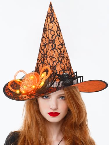 LiRainhan Halloween Witch Hats for Women - Girls Pointed Witch Hat with LED Flower Spiders Witches Hat for Costume Party Cosplay Decorations(Orange)