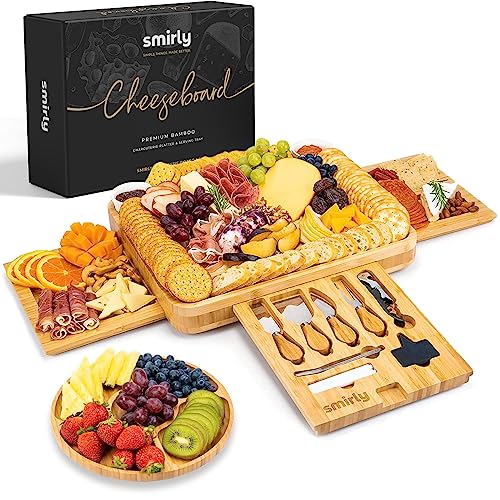 SMIRLY Wood Charcuterie Boards Large - Wine Cheese Platter Set With Charcuterie Accessories, Charcuterie Board Set, Charcuterie Boards Accessories, Bamboo Cheese Board Set, Cheese Tray Board