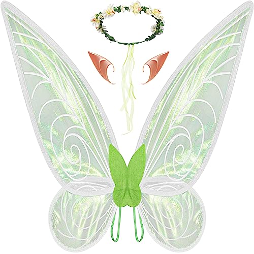 SOLIEHOO Fairy Wings, Sparkling Sheer Fairy Wings for Adults Women Girls Halloween Dress up with Elf Ears Flower Crown