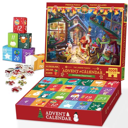 Advent Calendar 2023, Christmas Puzzle for Kids and Adults, 24 Days Countdown Calendars for Boys Girls, 1008 Pieces Christmas Puzzle in 24 Boxes, Christmas Department(27.56 x 19.68 Inch)