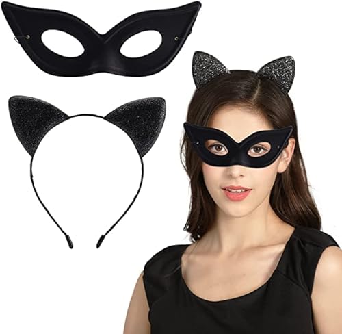Phaxcoo Cat Ear Headband with Cat Face Mask Glitter Kitty Cat Ears Headband with Black Mask Halloween Cat Costume Accessory