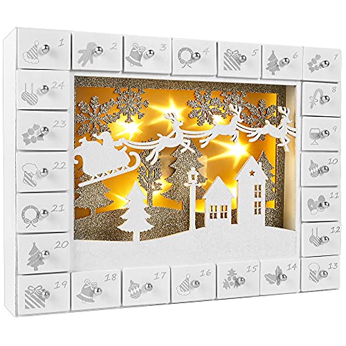 Zcaukya Christmas Advent Calendar, Light Up Wooden Christmas Advent Calendar with 24 Drawers, Battery Operated LED Countdown to Christmas Fill It Your Own Reindeer Santa Sleigh Decoration