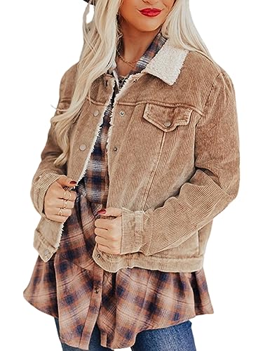 ChiyeeKiss Cropped Distressed Corduroy Jacket Sherpa Lined Shacket Button Down Fleece Fur Collar Winter Coat for Women(0081-Brown-S)