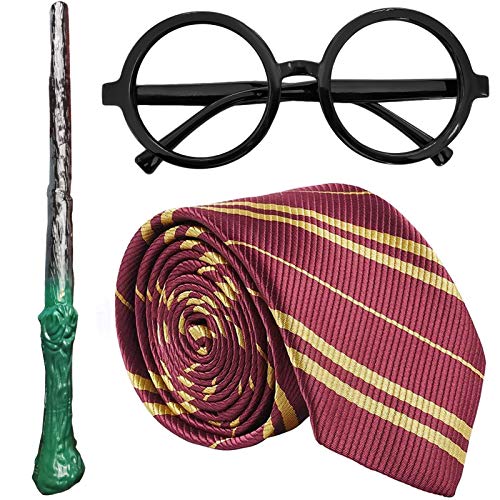 XUEKAIKAI Cosplay Wand Set,Magic Wand,Lens-Free Glasses with Striped Tie,Novelty Props for Halloween|Wizard Costume|Dress Up