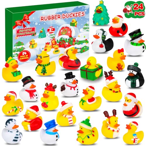 Advent Calendar 2023 Christmas Ducks - 24 Days Christmas Countdown with 24 Santa Xmas Rubber Ducks Bath Toys, Christmas Gifts Party Favors for Boys, Girls, Toddlers and Kids