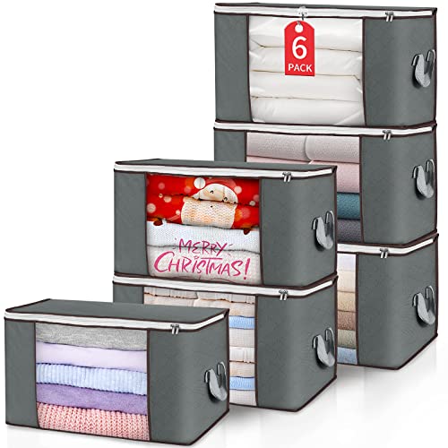90L Large Storage Bags, 6 Pack Clothes Storage Bins Foldable Closet Organizers Storage Containers with Durable Handle for Clothing, Blanket, Comforters, Bed Sheets, Pillows and Toys (Gray)