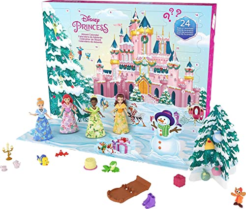 Mattel Disney Princess Advent Calendar, 24 Days of Surprises Include 4 Princess Small Dolls, 5 Friends & 16 Accessories (Amazon Exclusive)