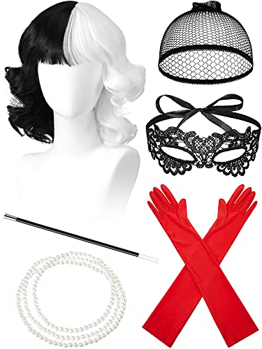 6 Pieces Black and White Wigs Cosplay Costume Set Halloween 1920s Party Wig Plastic Holder Pearl Beads Long Gloves 1920s Accessories Costume for Women Halloween Christmas Party (Classic Style)