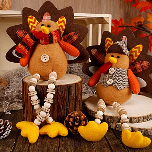 Biswing Thanksgiving Decoration Tabletop Standing Turkey Couple with Dangling Legs, 2 Pack Plush Stuffed Turkeys Shelf Sitters Figurine Gift for Autumn Fall Harvest Halloween Home Table Decorations