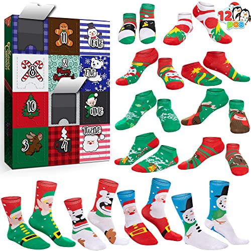 Joyin 2023 Christmas Advent Calendar Includes 12 Pairs Socks Bulk for Women, Christmas Warm Cotton Socks Countdown Calendar with 8 Low Cut Socks and 4 Knee High Socks for Xmas Party Favor Gift Holiday
