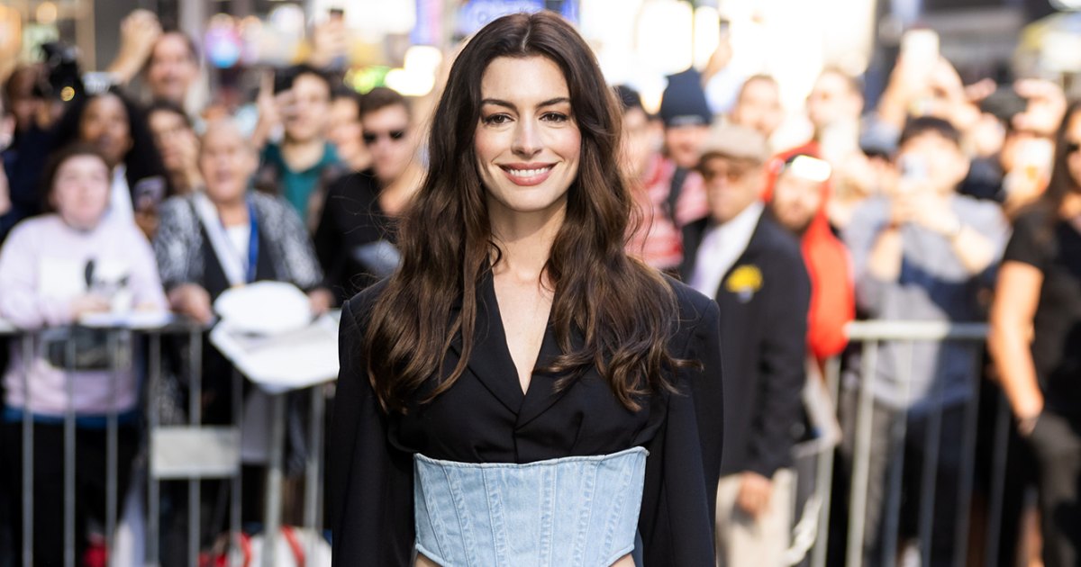 Anne Hathaway Steps Out in Denim Pantsuit to Promote New Movie Anne Hathaway Steps Out in Denim Pantsuit to Promote New Movie