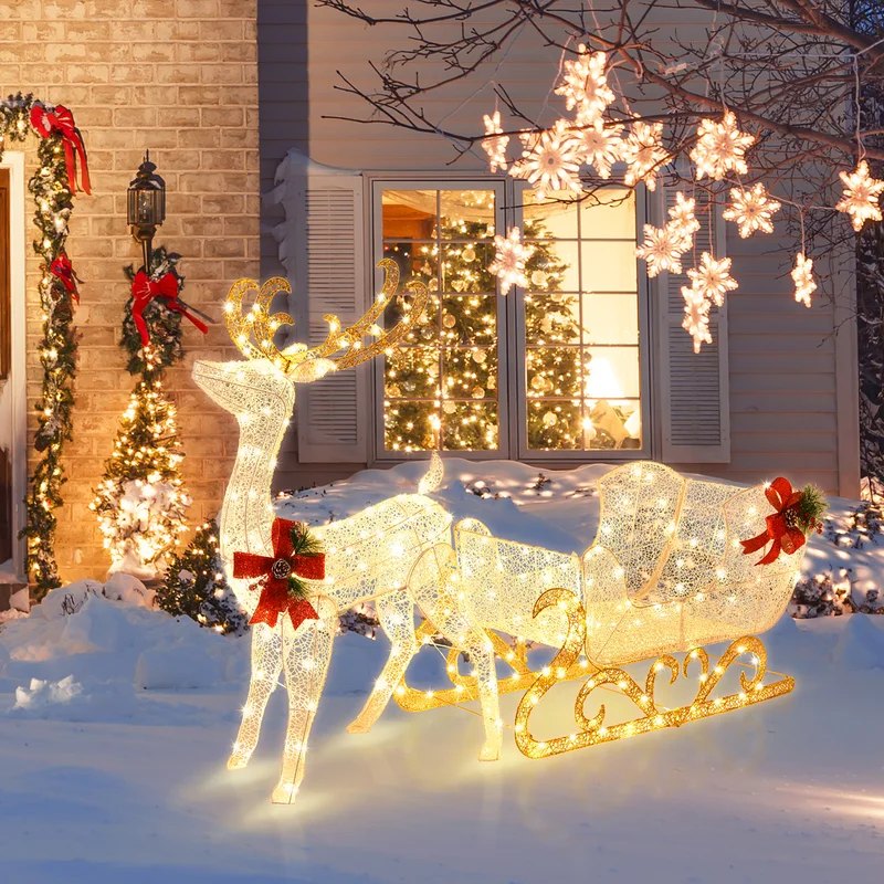 lighted reindeer and Santa's sleigh