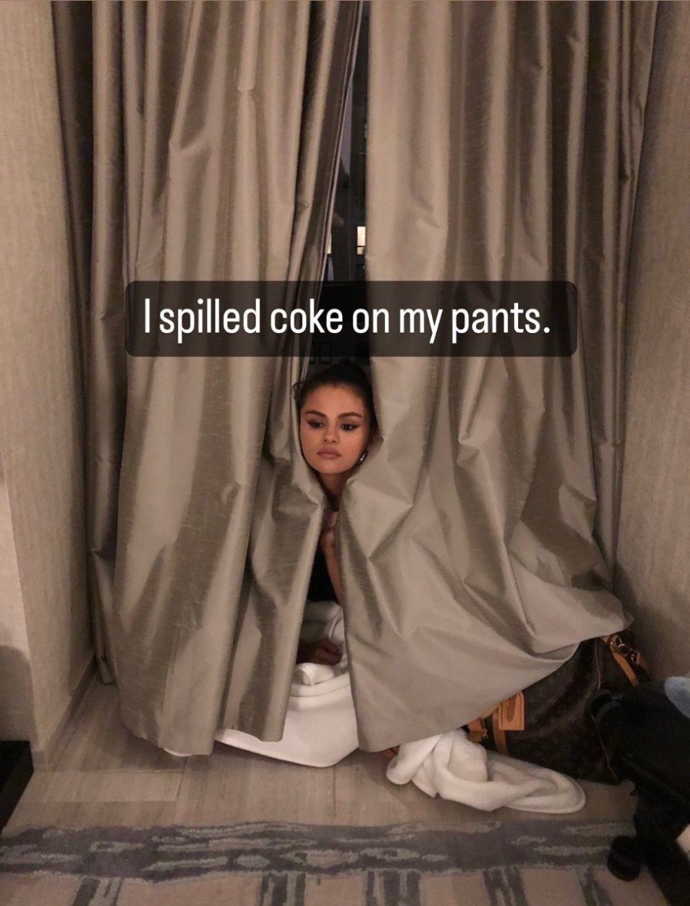 Selena Gomez Hides Behind Curtains After Spilling Coke on My Pants