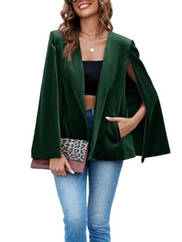 Cicy Bell Women's Velvet Cape Blazer Jackets Casual Split Long Sleeve Open Front Coat Dark Green