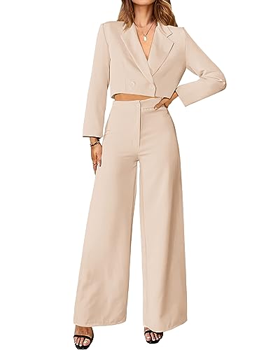 PRETTYGARDEN Women 2 Piece Sets Lapel V Neck Short Blazer Jackets Wide Leg Pant Suits Dressy Work Jumpsuits for Office(Solid Beige,Medium)