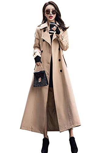 ebossy Women's Double Breasted Duster Trench Coat Slim Full Length Maxi Long Overcoat (Medium, Khaki)