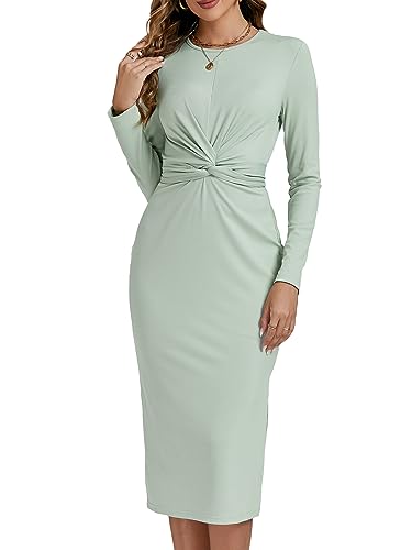 Umenlele Women's Long Sleeve Crewneck Twist Front Tie Back Split Bodycon Pencil Ribbed Cocktail Party Midi Dress Light Green Medium