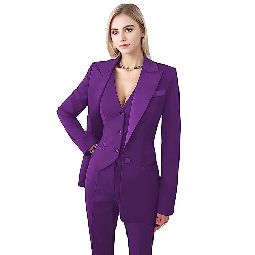 Allingentle Women's Suiting Jackets Business Casual Outfits for Women Blazer Work Outfits for Women Office Satin Pant Suits for Women 3 Piece (Blazer+ Vest+ Pants) Purple