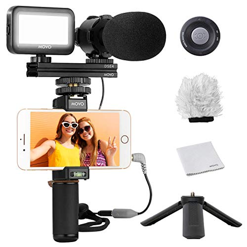 Movo Tripod Vlog Kit V7 - YouTube Starter Kit with Tripod, Grip, Stereo Microphone, Light and Wireless Remote Vlogging Kit for iPhone - YouTube Equipment for iPhone/Android - iPhone Vlogging Kit