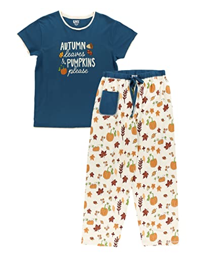 Lazy One Women's Pajama Set, Short Sleeves with Cute Prints, Relaxed Fit (Autumn Leaves Pumpkins Please, Medium)