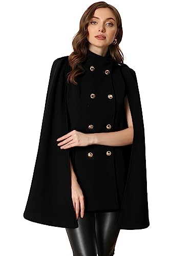 Allegra K Cape Coats for Women's Winter Slit Sleeve Double Breasted Cloak Coat Small Black