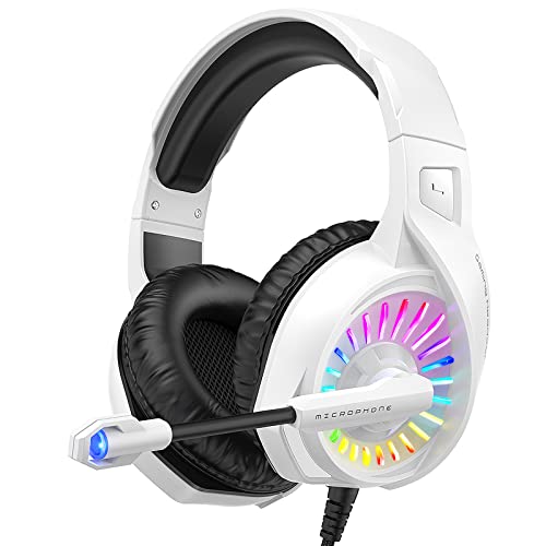 ZIUMIER Z20 White Gaming Headset for PC PS4 PS5 Xbox One Controller, Wired Over-Ear Headphone with Noise Canceling Microphone, RGB LED Light, Bass Surround Sound